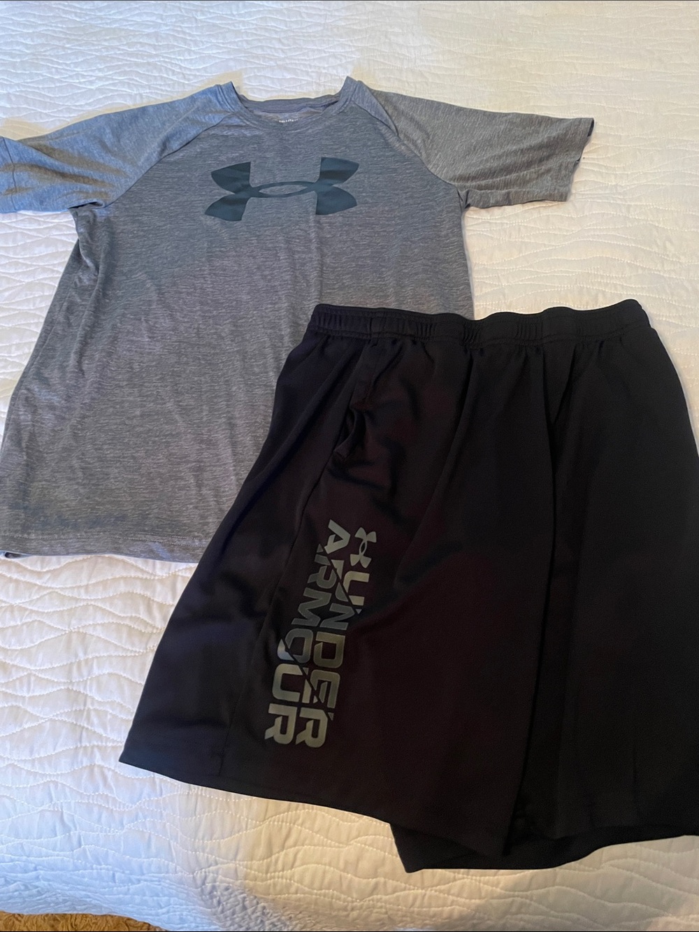 Under Armour Gray Logo Tee with Black Athletic Shorts